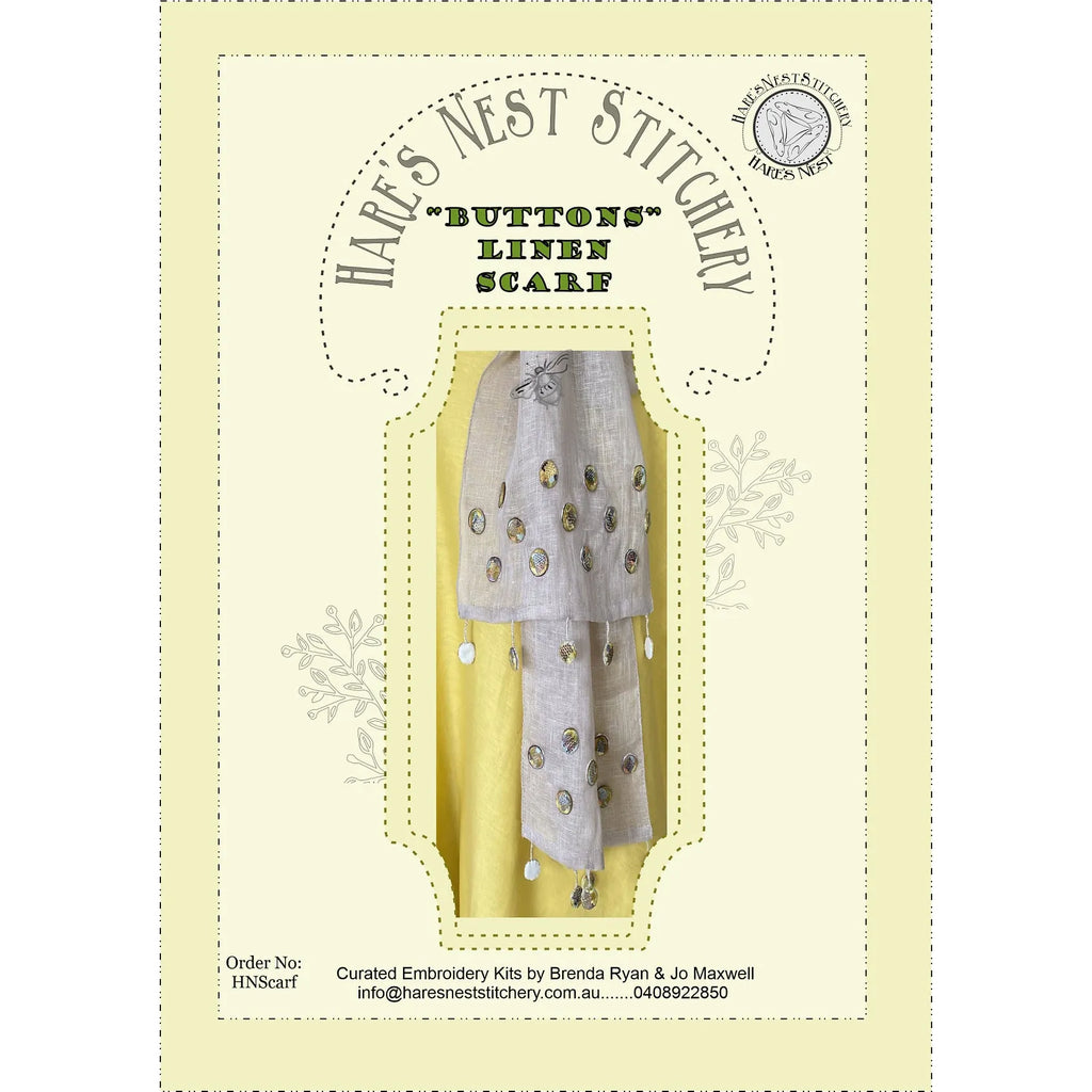 'Buttons' Linen Scarf Starter Kit - Hare's Nest Stitchery Kit